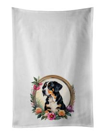 Entlebucher Mountain Dog and Flowers Kitchen Towel Set of 2 White Dish Towels Decorative Bathroom Hand towel for Hand, Face, Hair, Yoga, Tea