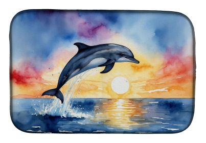 Dolphin Leaping at Sunrise Dish Drying Mat Absorbent Dish Drying Mat Pad for Kitchen Counter Dish Drainer Mat for Countertop, 14 x 21", Multicolor