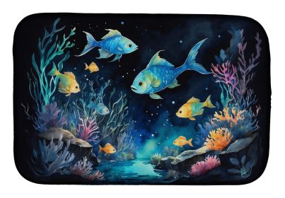 Bioluminescent Fish Dish Drying Mat Absorbent Dish Drying Mat Pad for Kitchen Counter Dish Drainer Mat for Countertop, 14 x 21", Multicolor