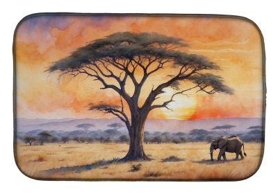 Elephants Savanna Sunrise Dish Drying Mat Absorbent Dish Drying Mat Pad for Kitchen Counter Dish Drainer Mat for Countertop, 14 x 21", Multicolor